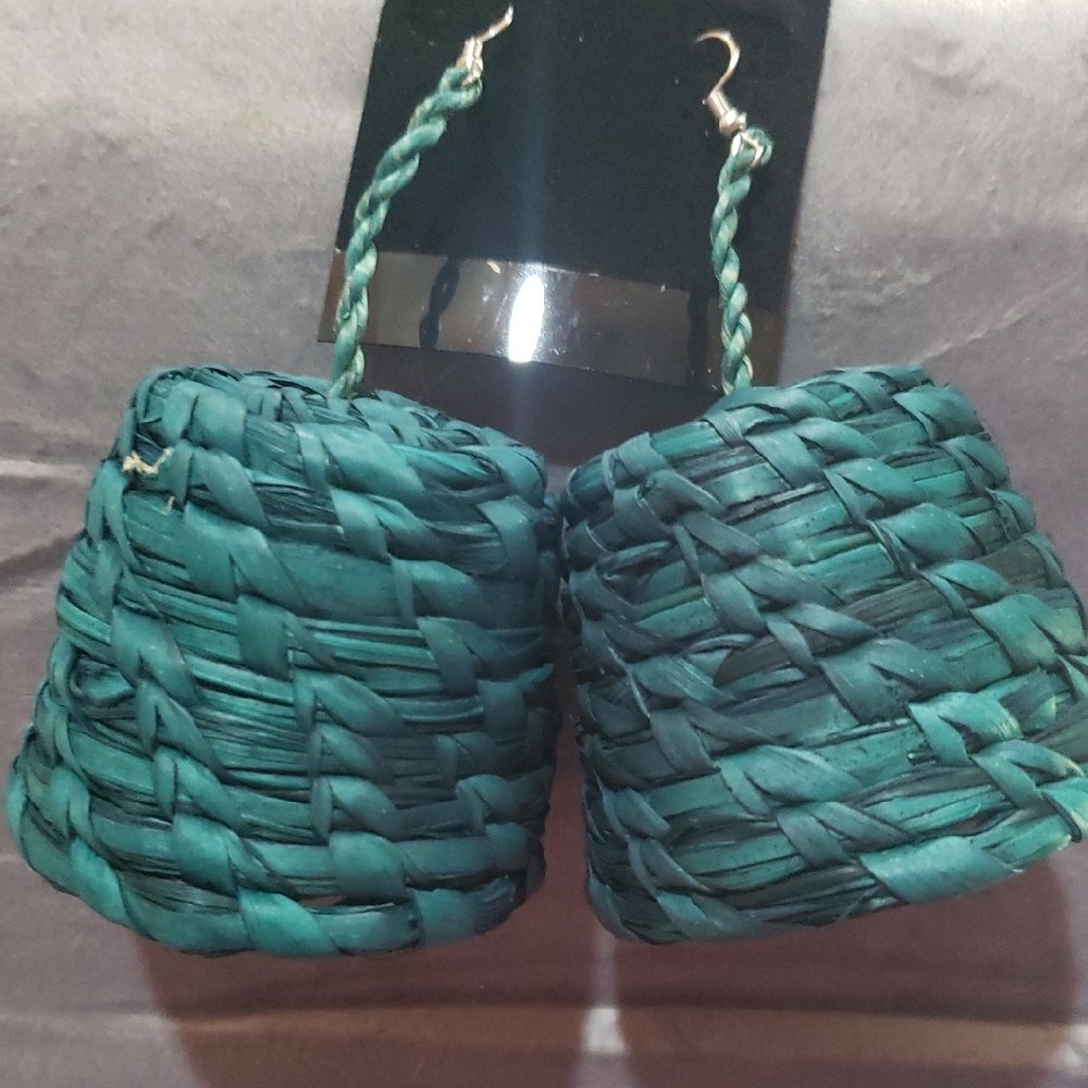 Handwoven Teal Basket Drop Earrings